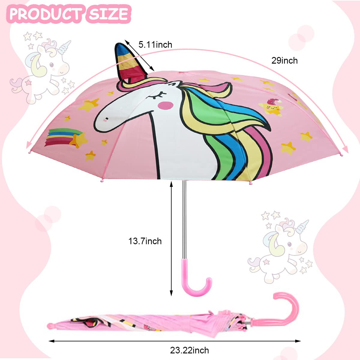 PALAY Kids Umbrella for Rain with 29 inch Canopy and Curved Handle | 3D Unicorn Design