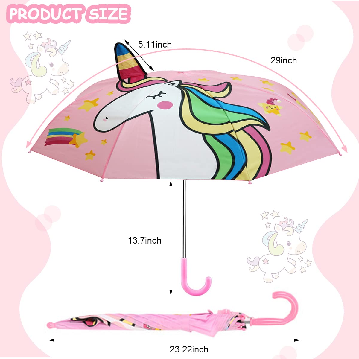 PALAY® 29Inch Unicorn Umbrella for Kids, Professional Portable 3D Cartoon Manual Rain Umbrella, Boys Girls Rain Gear Parasol, Lightweight Umbrella for Kids Under 10