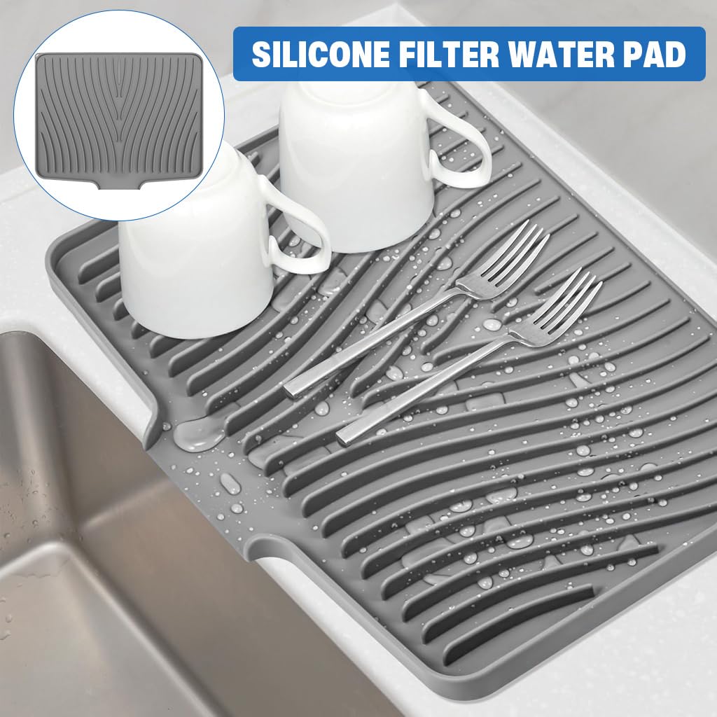 Supvox Dish Drying Mat for Kitchen featuring Built in Drain Lip 17.3 x 13 in Silicone Grey