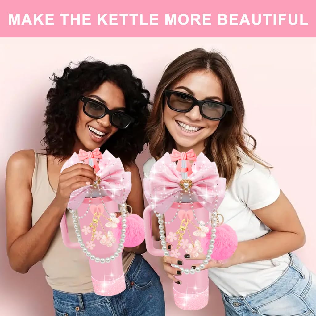 HASTHIP Stanley Cup Accessories for Women featuring 9Pcs Pink Bow and Beaded Lanyard Set