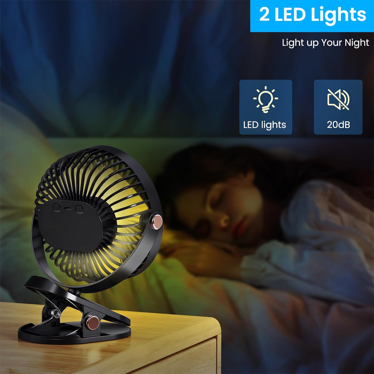 Verilux USB Clip Fan for Home and Office with 2000mAh Battery and 360° Adjustment | Night Light