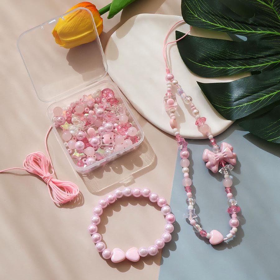 SANNIDHI® Phone Charms Strap Pink Cute Aesthetic Love Phone Chain Girl Pearl Beaded Lanyard Jewelry - Pink