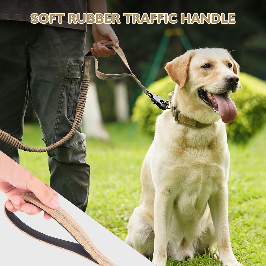 Qpets Tactical Dog Leash for Car and Walk Use with Bungee Design and 2 Control Handles | Polyester for Medium and Large Dogs