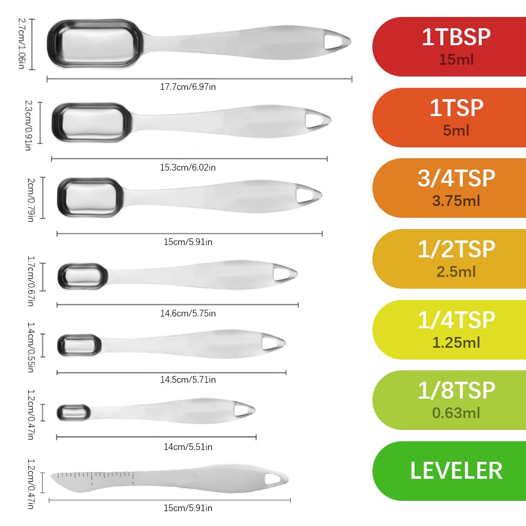 Supvox® Stainless Steel Measuring Spoons Set of 7 with Leveler, Rectangular Metal Teaspoon & Tablespoon Measuring Spoons for Dry & Liquid Ingredients, Teaspoon Tablespoon Set for Cooking and Baking