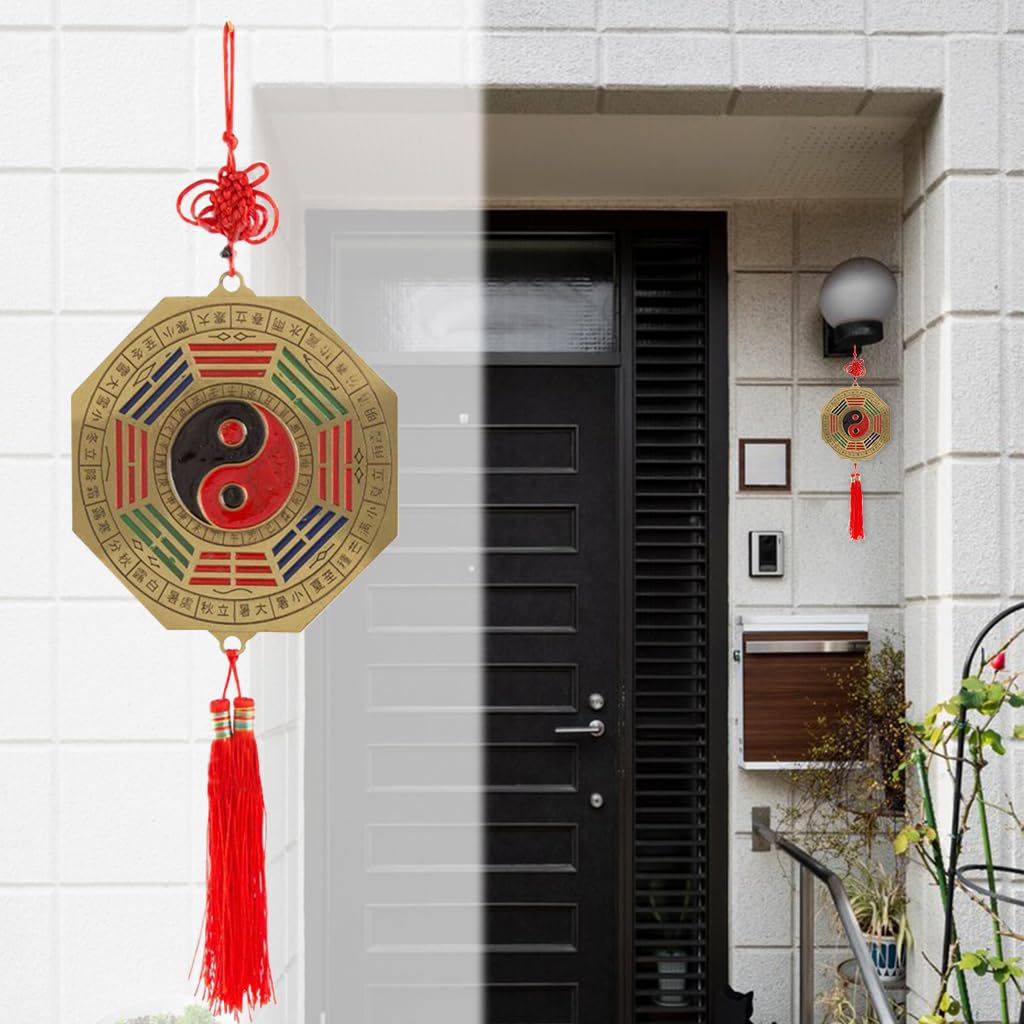 HASTHIP® Chinese Feng Shui Bagua Mirror Feng Shui Bagua Brass Mirror Yin Yang Chinese Zodiac Engraved Bagua Mirror Auspicious Red Chinese Knot Bagua Chien Kun Mirror Wall Home Decor, 10cm