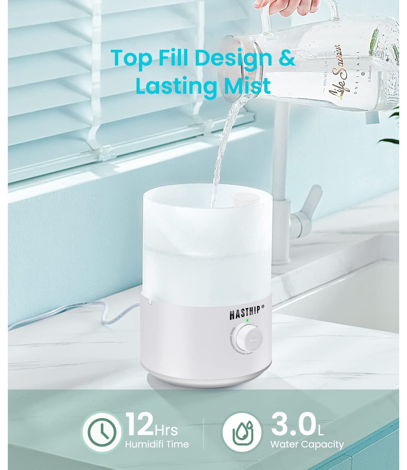 HASTHIP Humidifier for Room with 3.2L Tank and 360° Rotatable Nozzle | Silent Ultrasonic Cool Mist