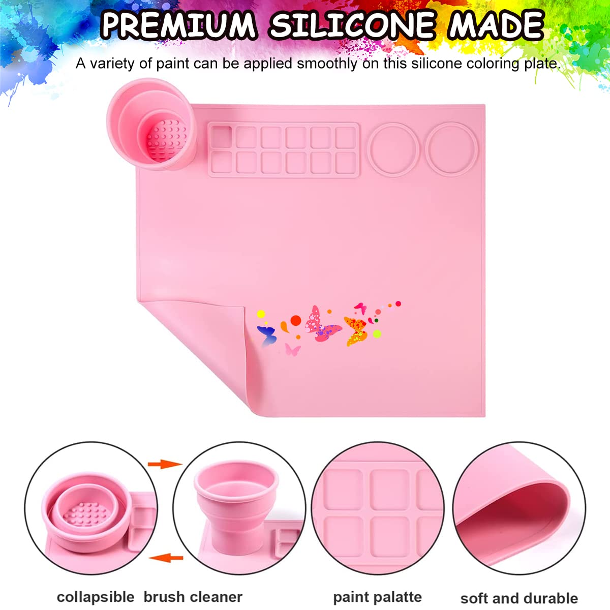 HASTHIP Silicone Craft Mat for Kids Arts and Crafts with Cleaning Cup and Mixing Plate 43×38cm