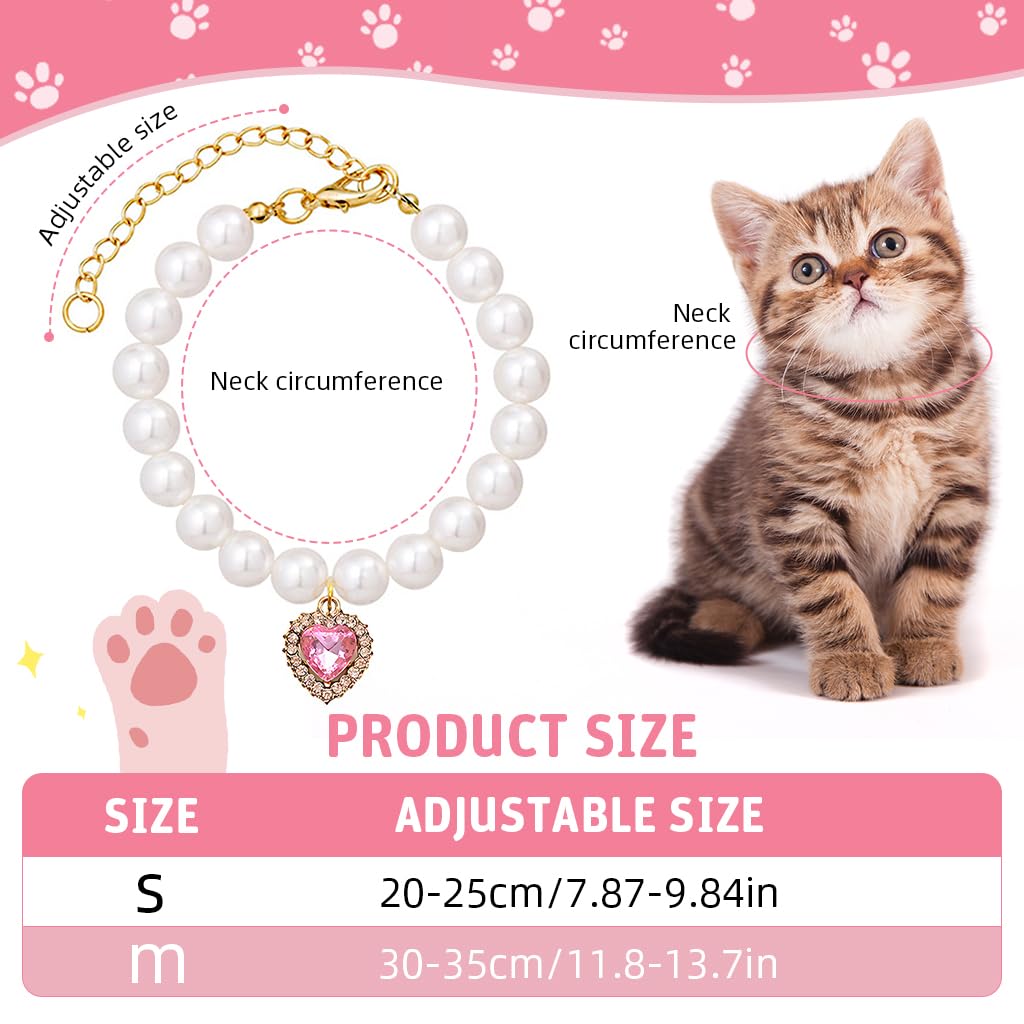 Qpets Jewelry Cat Collar for Pets featuring Pink Rhinestone Heart Charm and Pearls 30–35 cm