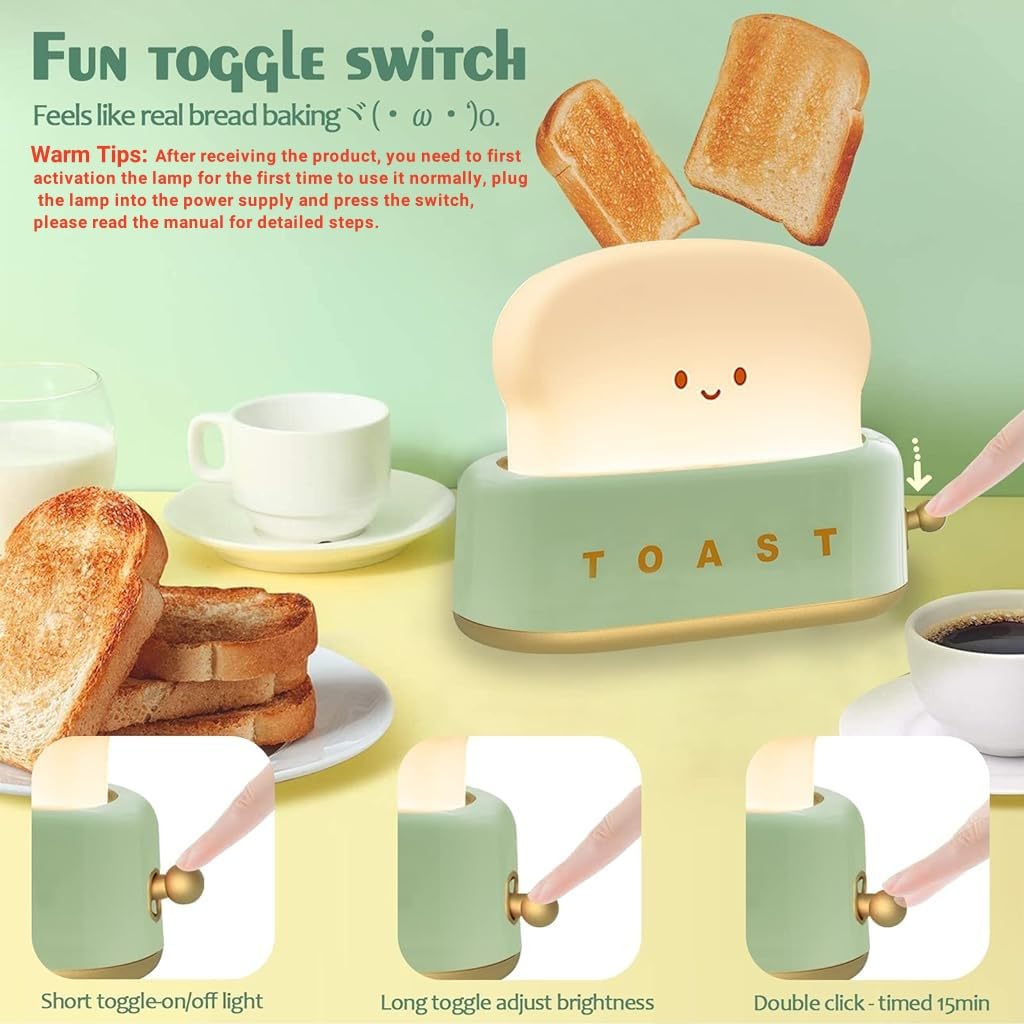 ELEPHANTBOAT Plastic Desk Lamp for Kids featuring Cartoon Toaster Design and USB Rechargeable Warm Dimmable LED | 3PCS Green Set