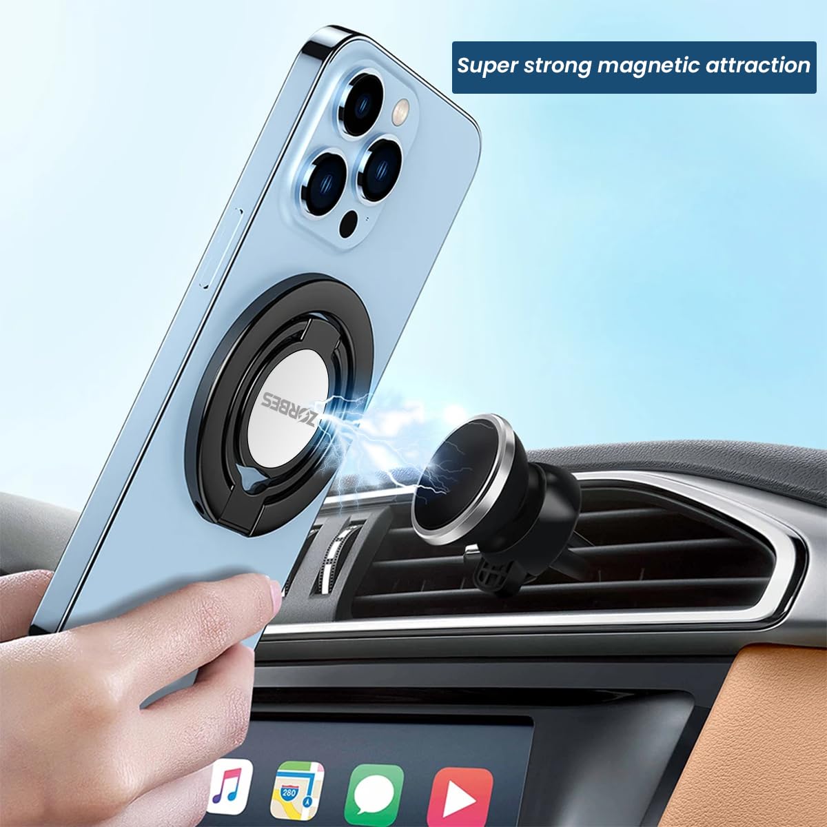 ZORBES Magnetic Phone Ring Holder for iPhone 12 13 14 15 with 360° Rotation and Triple Folding Stand | MagSafe Compatible Black