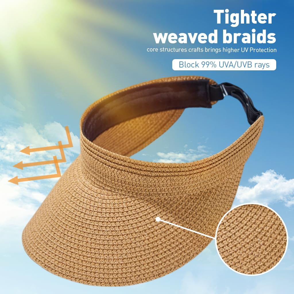 PALAY Womens Sun Visor Hat for Summer Travel with Adjustable Strap and UPF 50+ Straw Design | Khaki Beach Style
