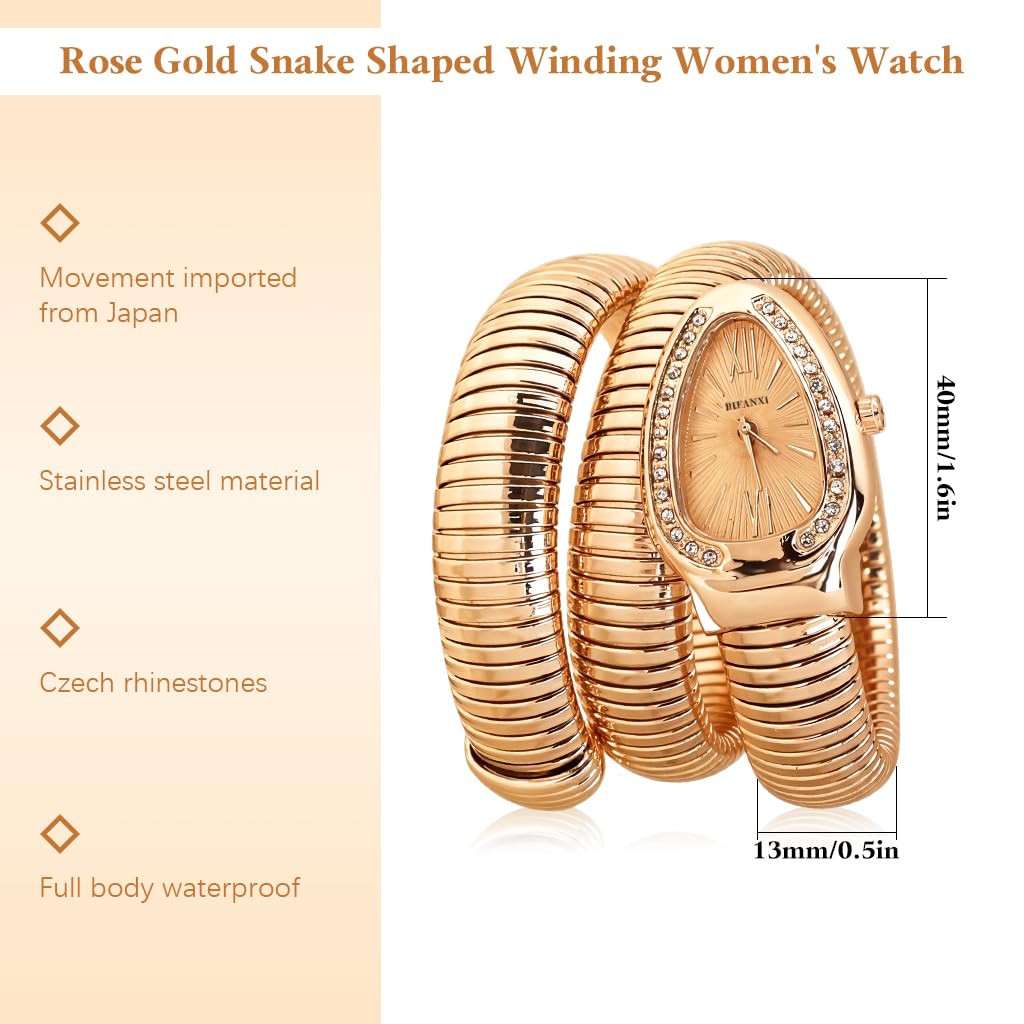 SANNIDHI Serpentine Wrap Wristwatch for Women with Quartz Movement and Rose Golden Rhinestones | Stainless Steel Coiled Bangle Jewelry Gift 2 PCS