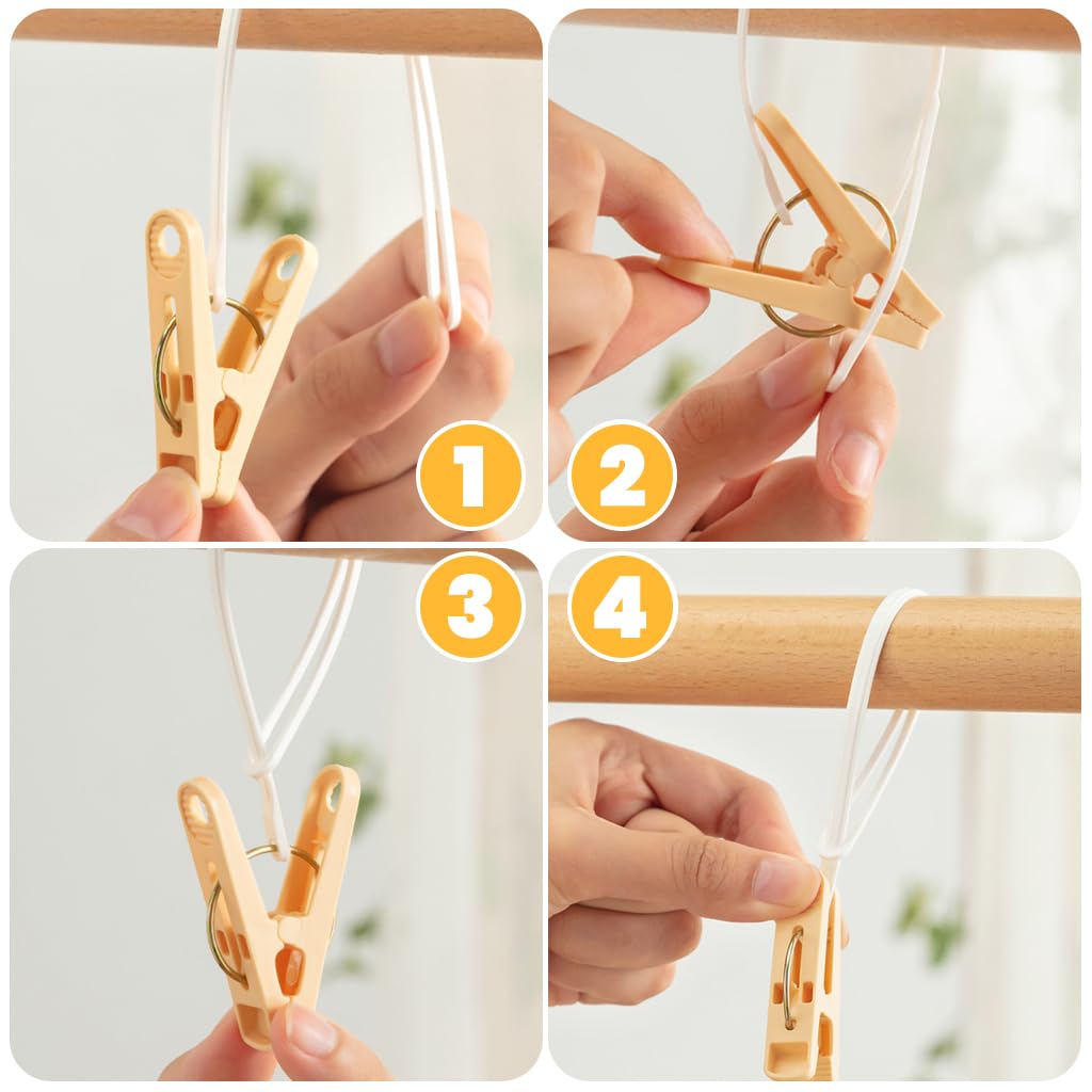HASTHIP hanger clamps for hanging clothes 12 pcs with windproof fastening loop and multicolor clips | reusable plastic pegs for laundry and travel drying