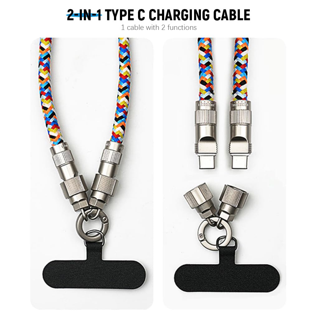 Verilux® 3.9ft TYPE C Charging Cable for iPhone 15 2 in 1 Fashion Color Nylon Braided Neck Lanyard with Zinc Alloy Lock & Insert Tab Travel Universal Neck Lanyard USB C Charging Cable for Mobile Phone