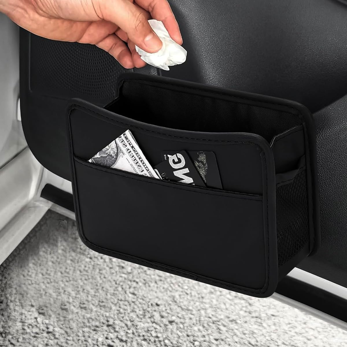 STHIRA Car Organizer for Door or Backseat with Dual Clip Design 21cm x 3cm x 14.5cm PU Leather Black | Multipurpose Trash Bin and Storage Pouch