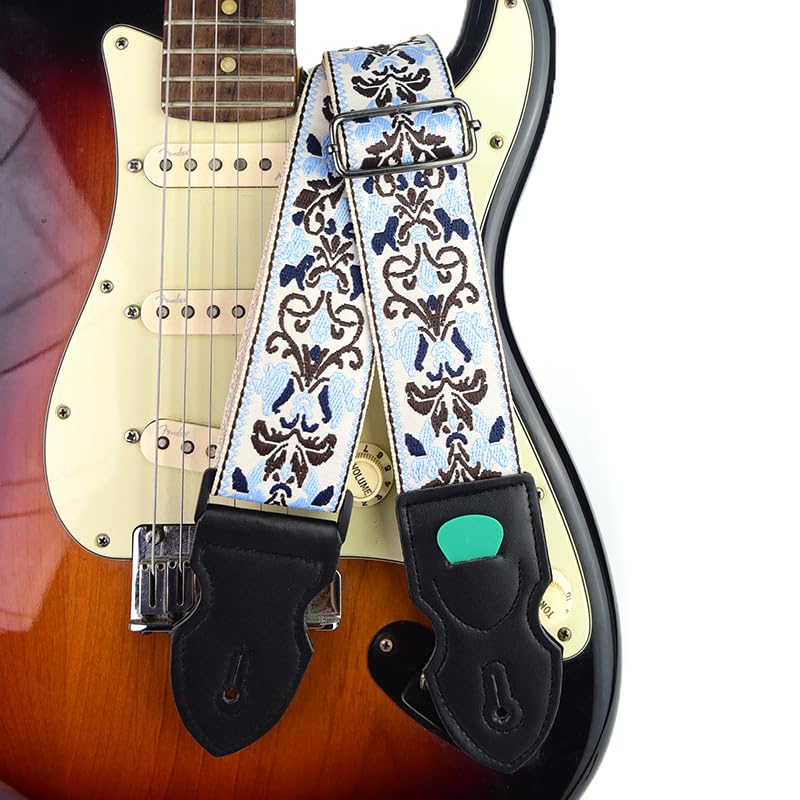 HASTHIP® Guitar Strap Fashion Boho Embroidered Adjustable Strap with Guitar Pick Holder Slot, Wide Nylon Straps for Acoustic, Bass, and Electric Guitars, 85-140cm