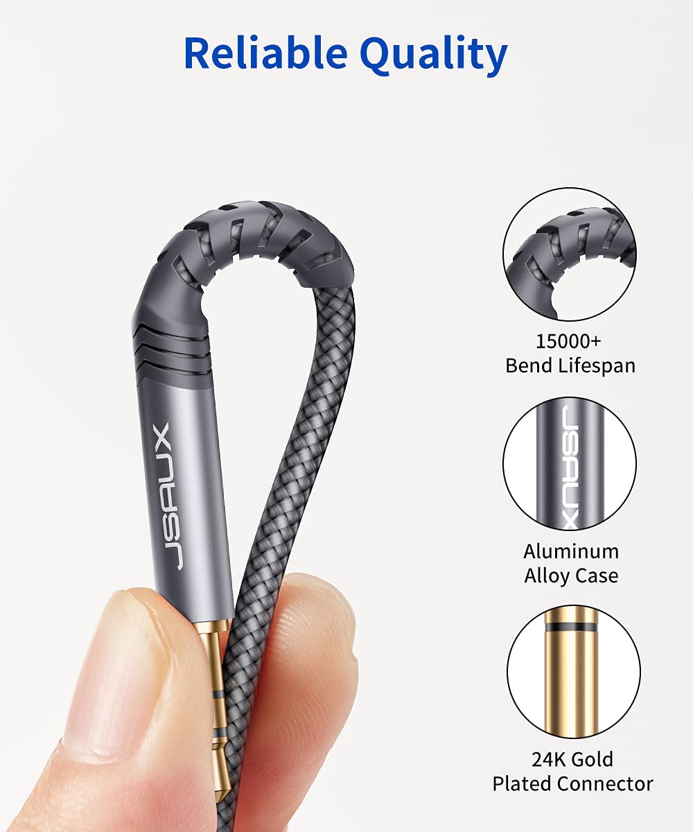 JSAUX 3.5mm to 6.35mm Stereo Audio Cable for Guitar and Speaker featuring 24K Gold Connectors 4ft | Nylon Braided Grey