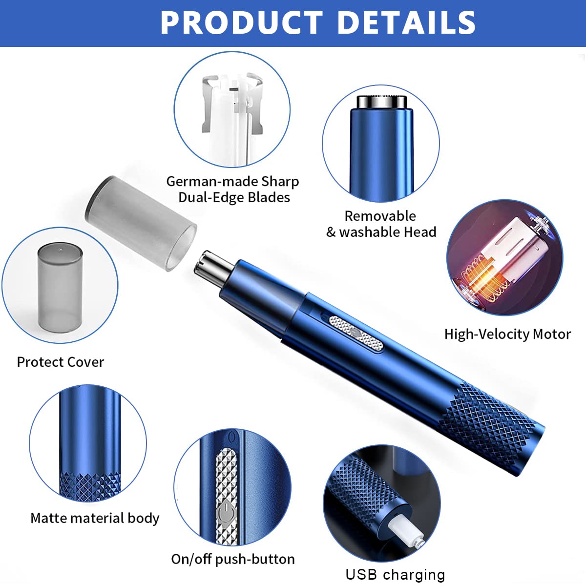 MAYCREATE Nose Hair Trimmer with 6000 RPM Motor and Dual Hole Vortex Cleaning | Blue IPX5 Grooming Kit