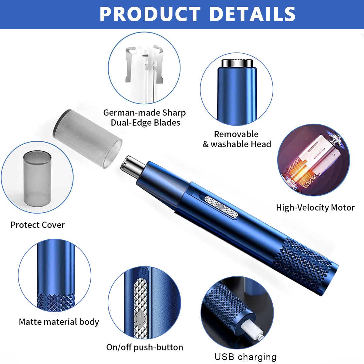 MAYCREATE® Nose Hair Trimmer For Men &Women, Electric Ear and Nose Hair Trimmer Eyebrow Clipper, Dual-Hole Vortex Cleaning System IPX5 Waterproof Facial Hair Grooming Kit for Men, Blue