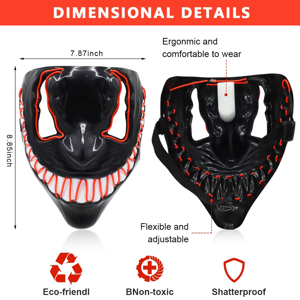 PATPAT LED Light Up Mask for Halloween Parties with 3 Modes and 19×22cm Fit | Red Glow