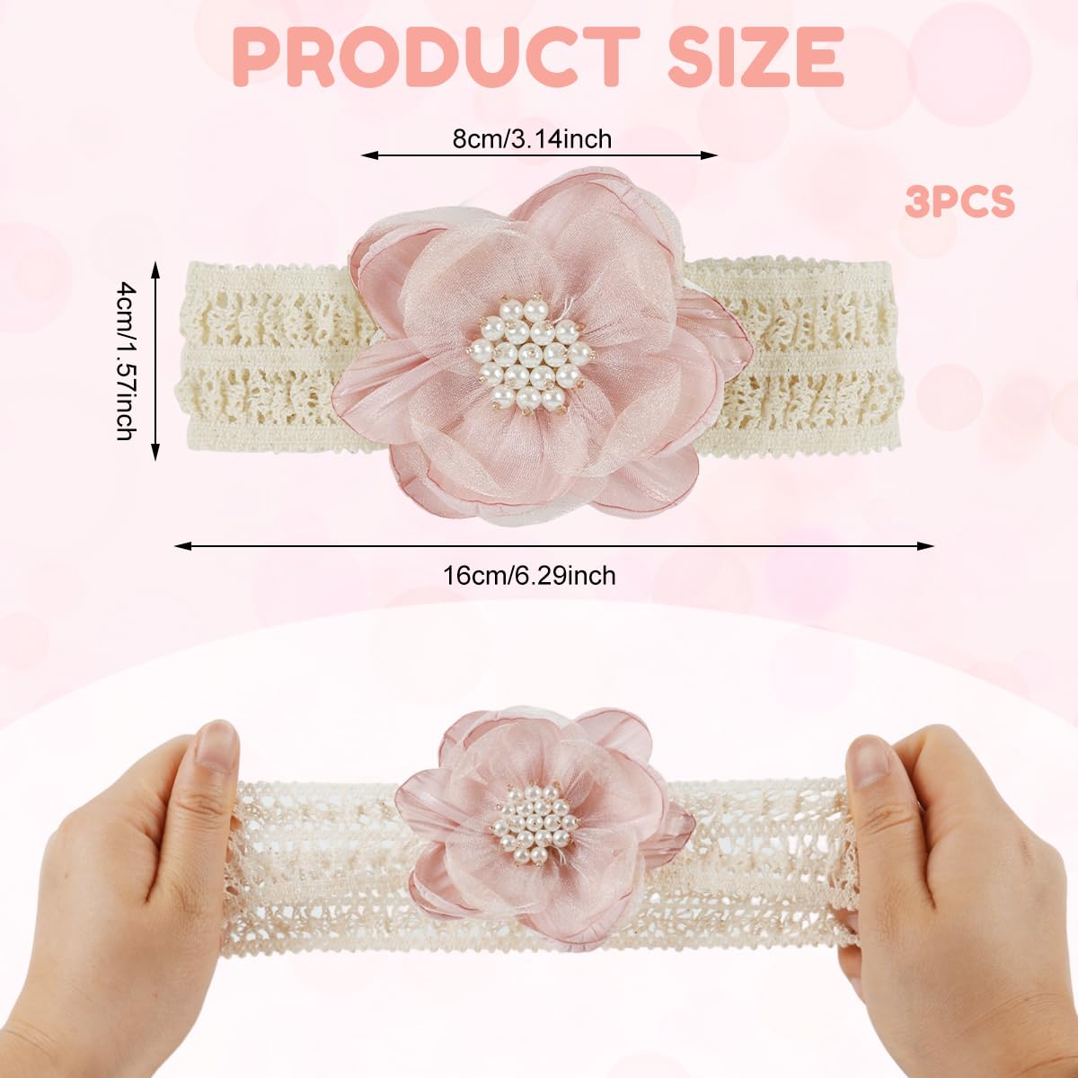 SNOWIE SOFT Hair Bands for Baby Girls with 3 Lace Flower Colors | Soft Stretchy Headbands 0–24 Months