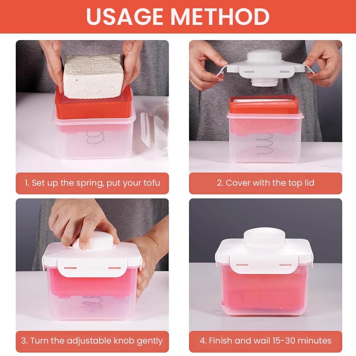 HASTHIP Tofu Press Maker for Water Removal with Spring Loaded Design 15.5x13.5x13.5cm Red | 2PCS Stainless Steel Mold