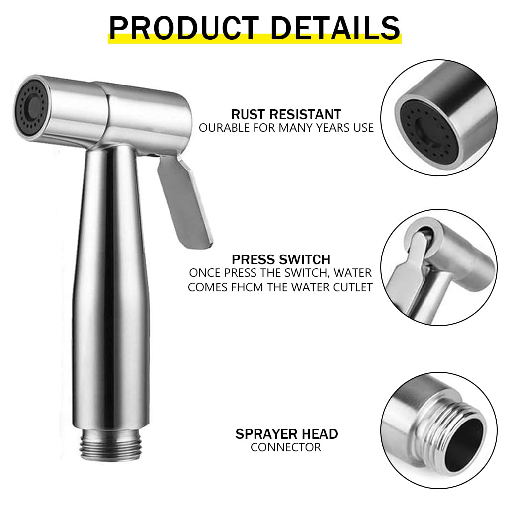 Supvox® Health Faucet Gun Set Stainless Steel Health Faucet Gun with Ultra Flexible Shower Hose Jet Spray for Bathroom Toilet Shower Faucet (Silver)