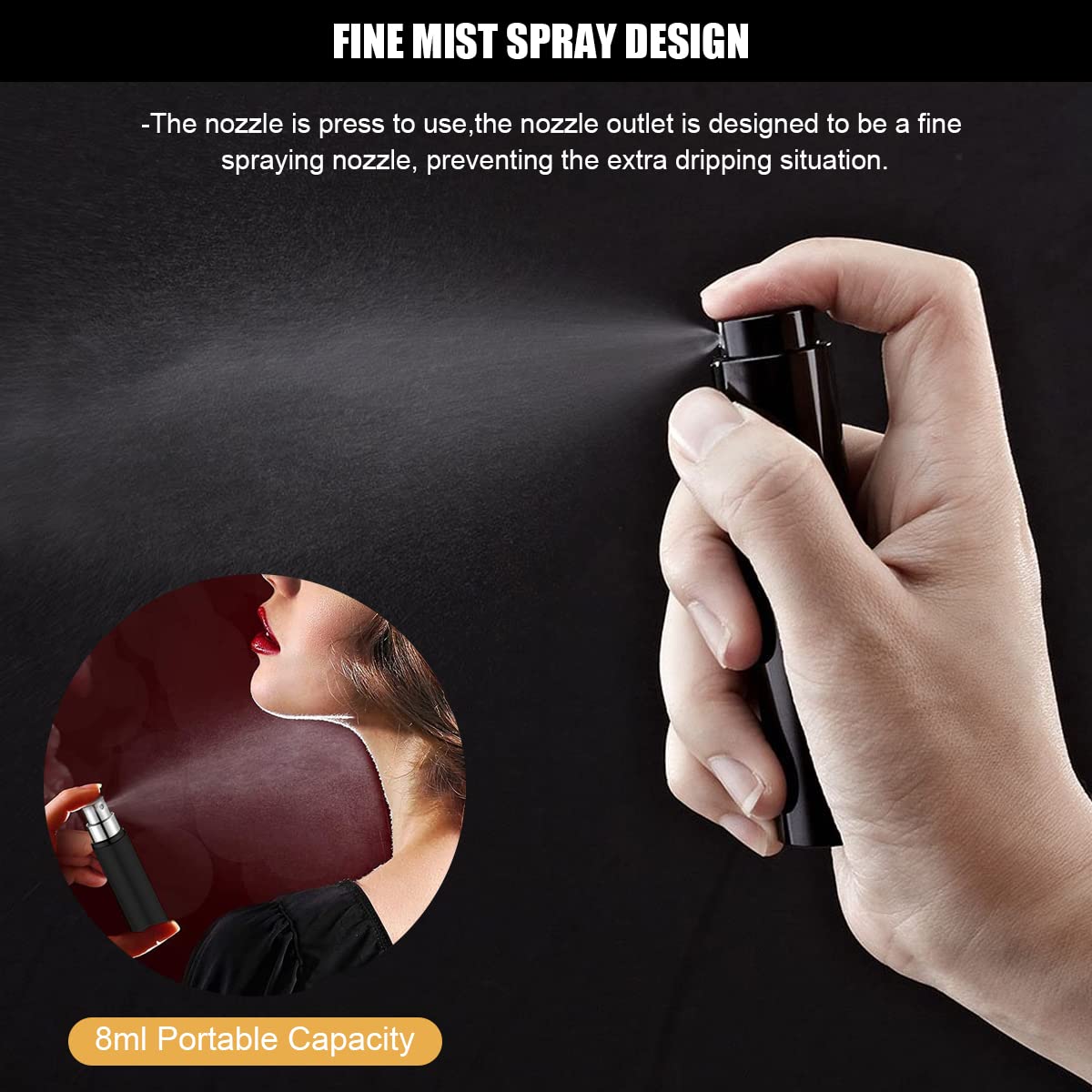HASTHIP Perfume Atomiser Dispenser for Travel with 8ml Glass Container and Fine Mist Spray | Black Refillable Bottle