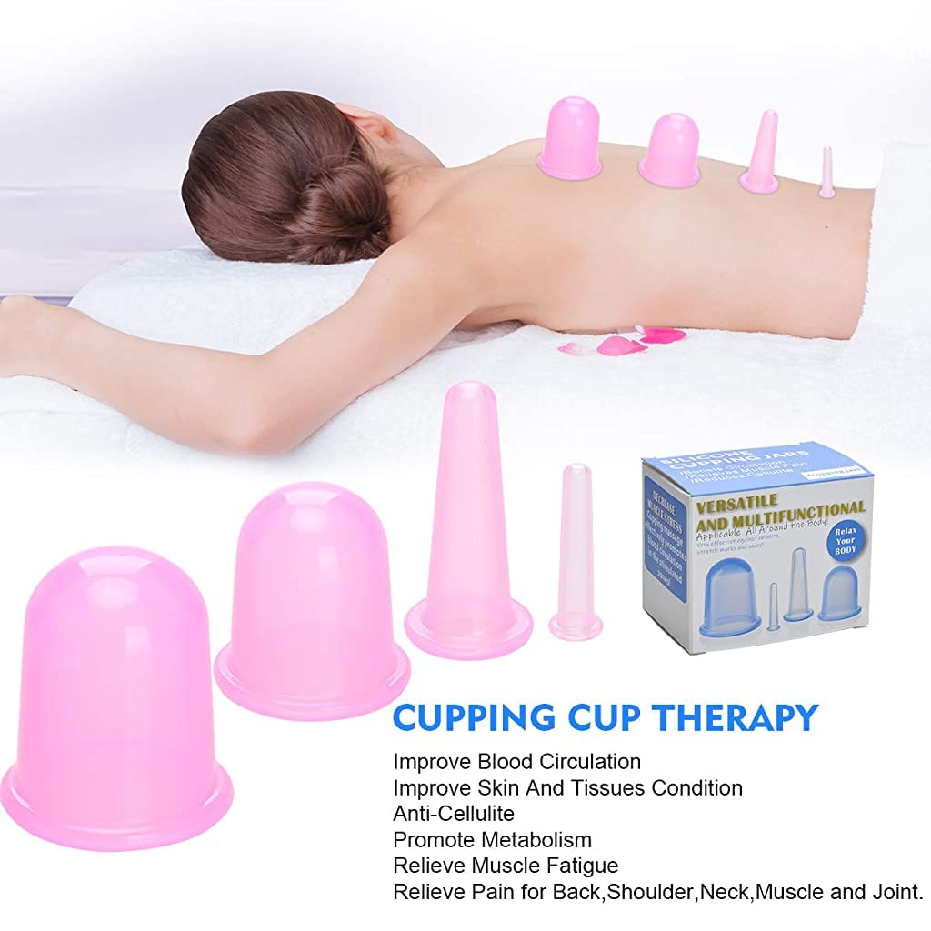 MAYCREATE Silicone Cupping Therapy Set for Face Neck and Body Massage with Strong Suction | Set of 4 Pink Cups