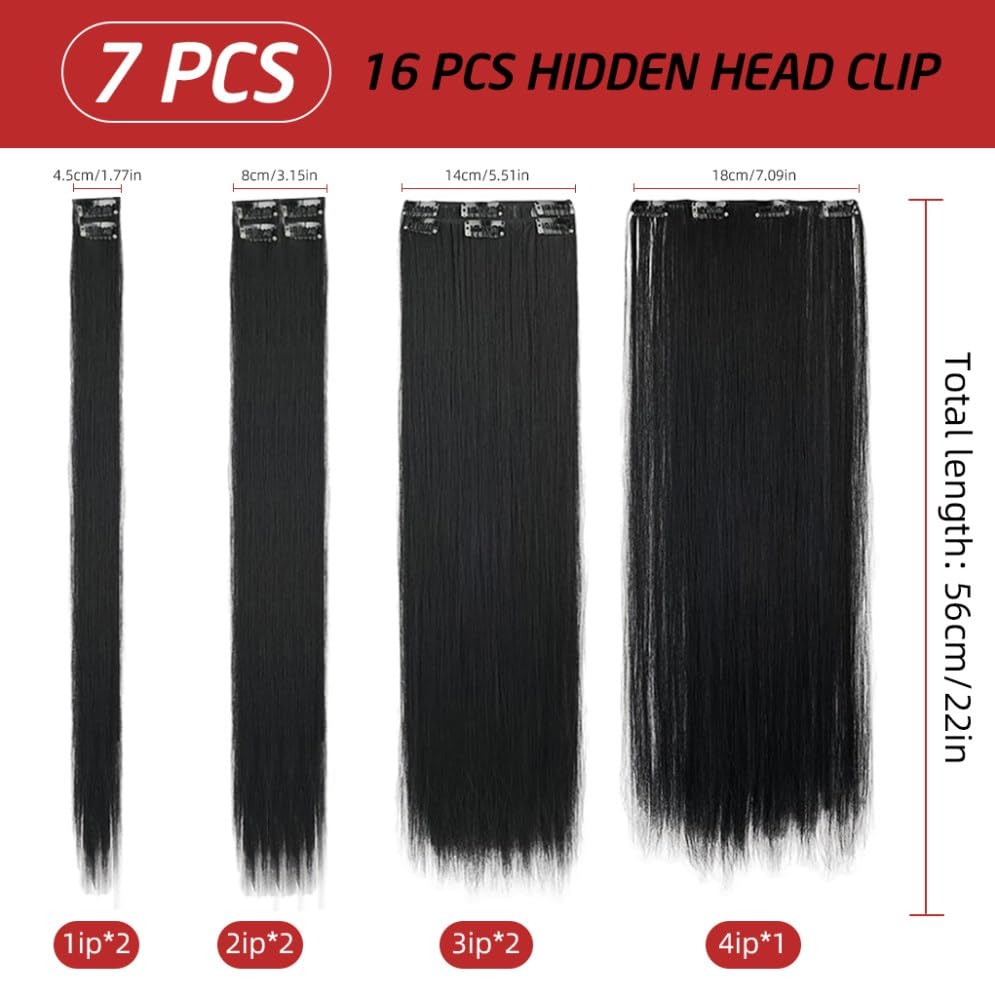 MAYCREATE Hair Extensions for Women with 7 Clip Pieces 22 in Straight Synthetic Fiber | Natural Black Seamless Volume