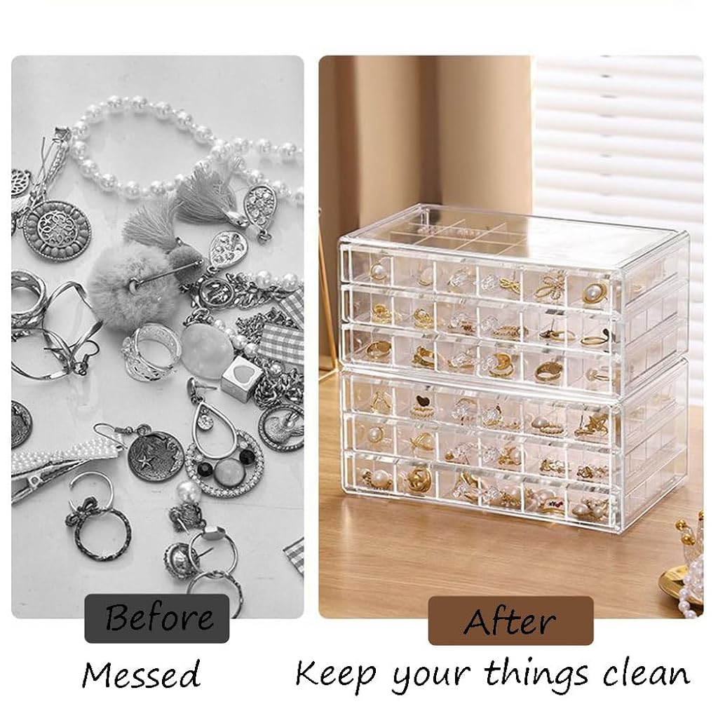 HASTHIP® Jewelry Organizer Box,72-Compartment Stepped Triple-tier Clear Acrylic Jewelry Organizer Box,Pull Out Design Dainty Storage Case for Earring Ear Studs Slim Necklace Valuables