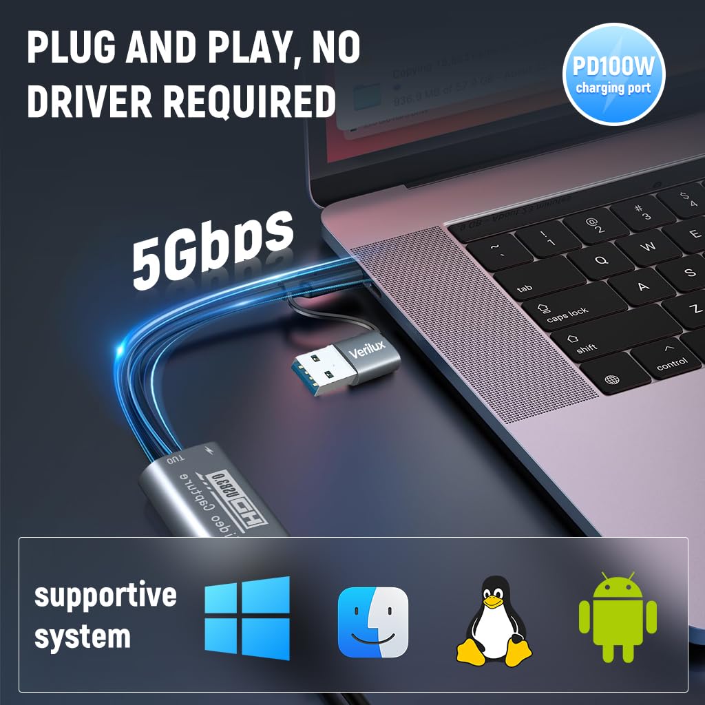 Verilux HDMI to USB 3.0 Video Capture Card for Streaming with 4K 60fps and 100W PD Charging