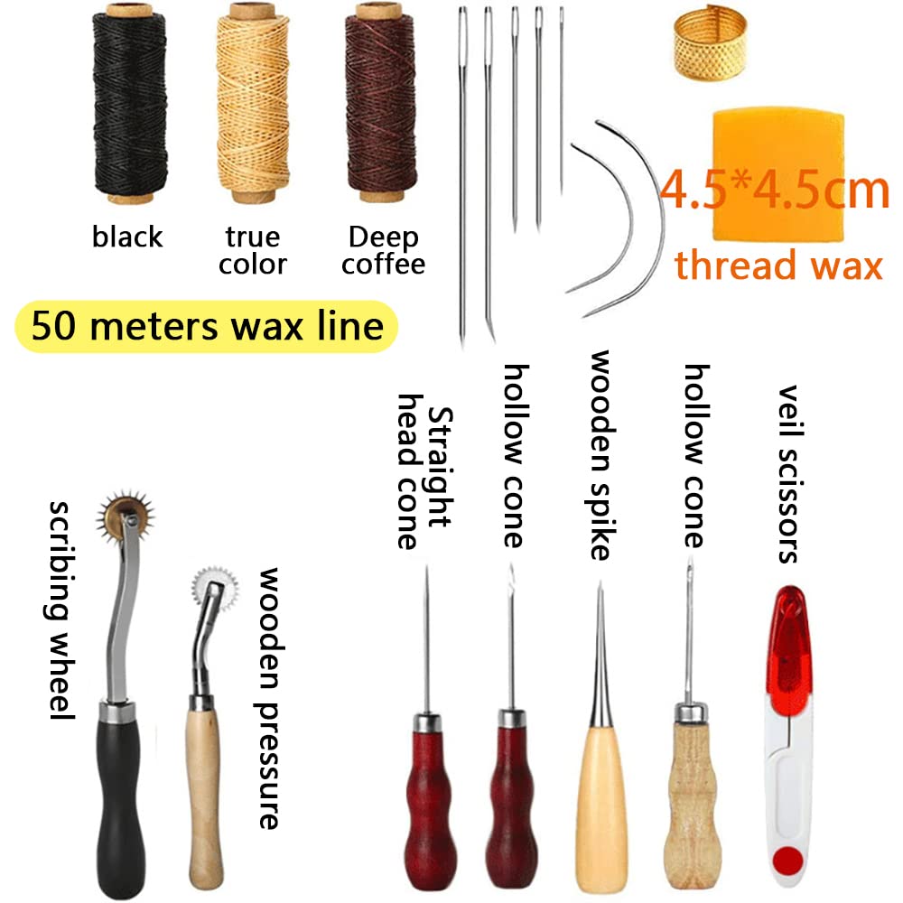 Supvox 19Pcs Leather Sewing Tools, Leather Craft Tool Kit with Hand Sewing Needles Drilling Awl Waxed Thread and Thimble Curved Upholstery Repair Kit for Beginners and Professionals Leather Craft