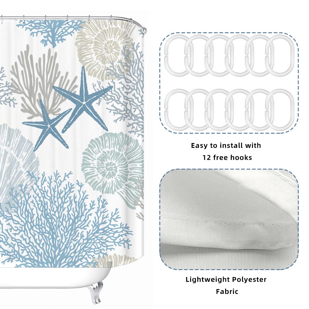 HASTHIP Shower Curtain for Bathroom 180×180 cm with Weighted Hem and 12 Hooks | Ocean Coral Design