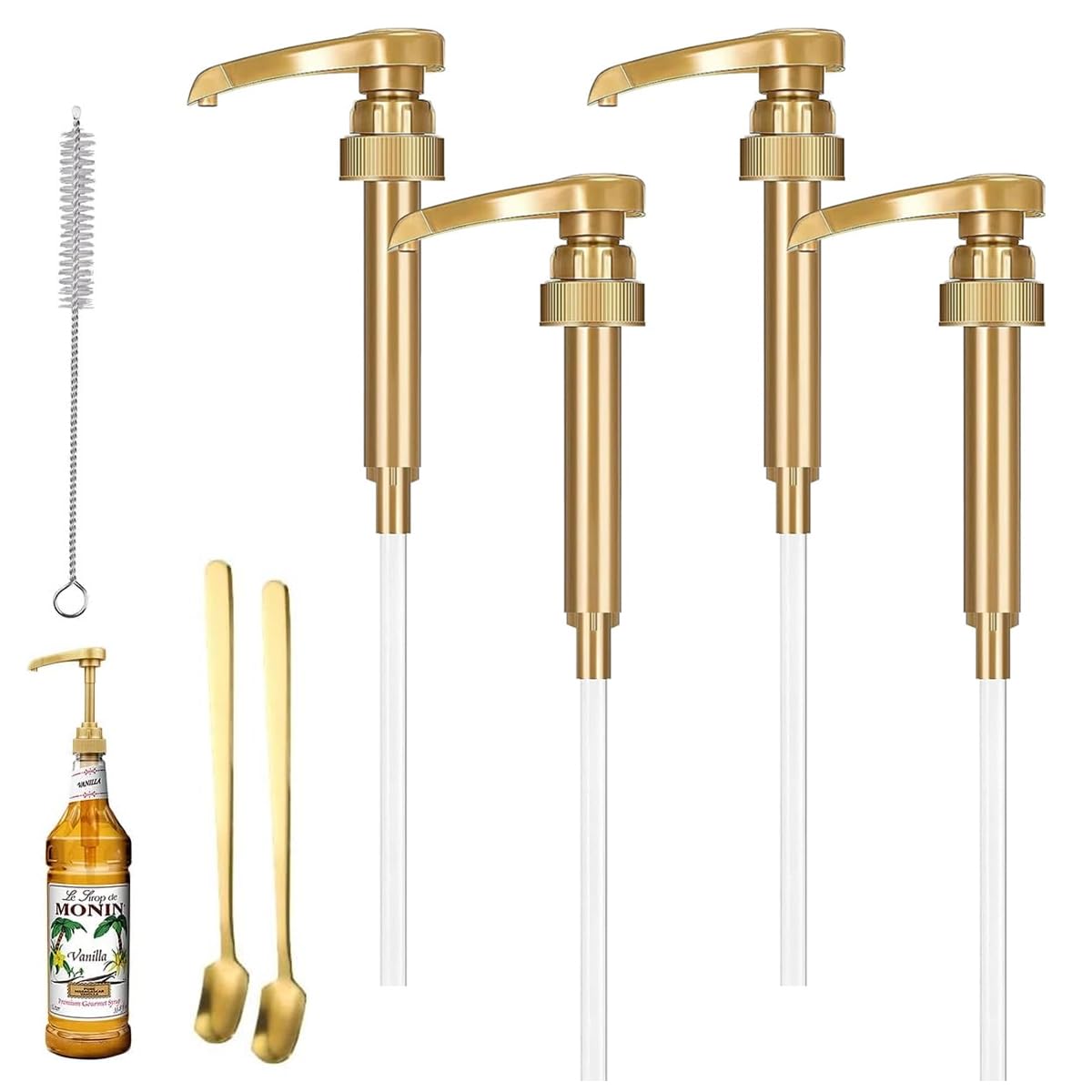 Supvox Gold Coffee Syrup Pumps - 4 Pcs Coffee Creamer Pump Dispenser Milk Pump with 2 Spoon and Cleaning Brush for Gallon Black Cherry Juice Bottle Pumps Soda Can Pump