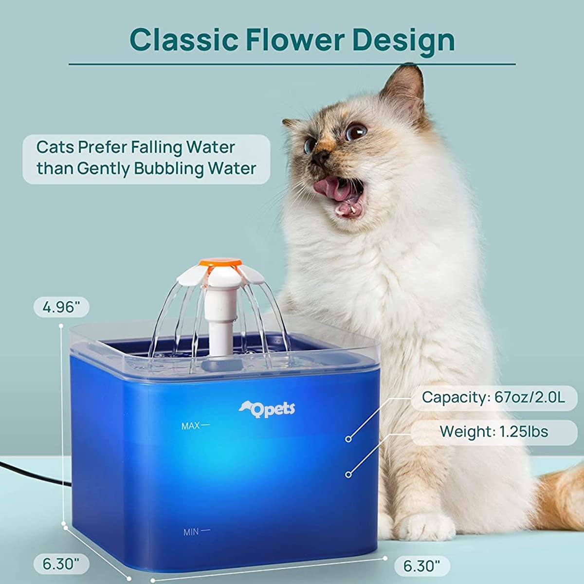 Qpets Cat Water Fountain 2.0L Ultra Quiet with 4 Stage Filtration and LED Light | Blue