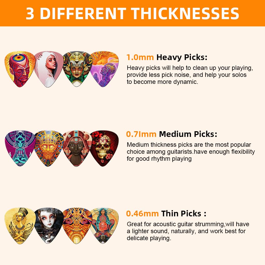 ZIBUYU Guitar Picks for Acoustic Electric and Bass with 12 Rock Designs PVC Set 0.46–1mm