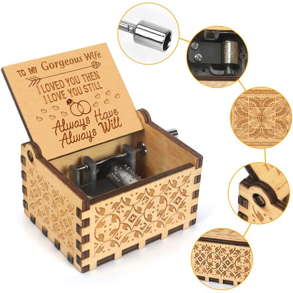 PATPAT® Music Box to My Gorgeous Wife Hand Crank Wooden Musical Boxes, Antique Engraved Musical Toys for Wife - Gifts for Wife, AnniversayBirthday/Christmas/Valentine's Day