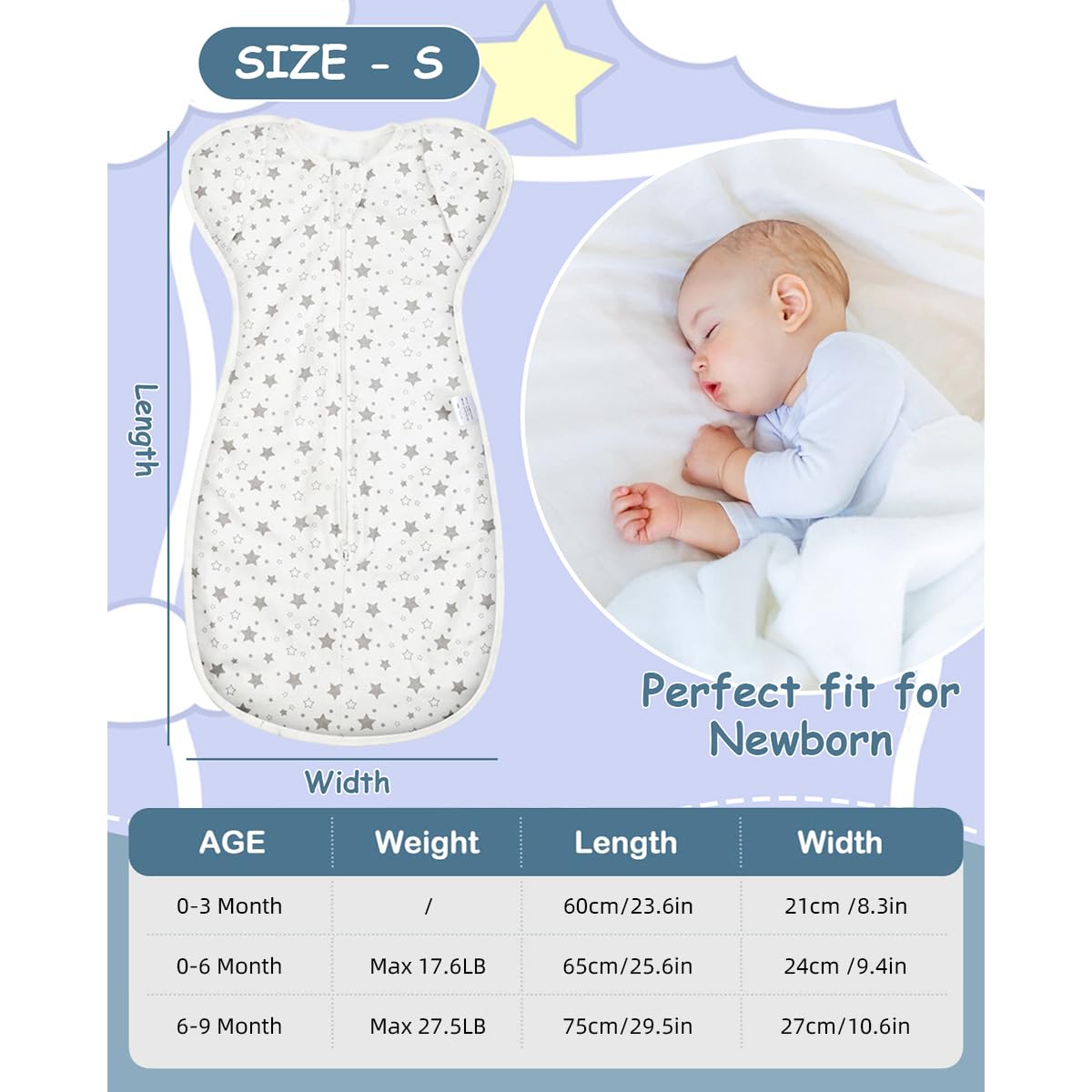 SNOWIE SOFT Baby Swaddles for Newborns with 2 Way Zipping Design 66cm Pure Cotton | 0 3 Months Sleep Sack