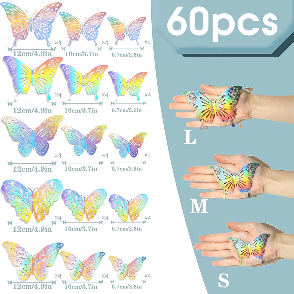 HASTHIP 3D Butterfly Wall Stickers for Home Decor with 60pcs Hollow Wings Rainbow Design