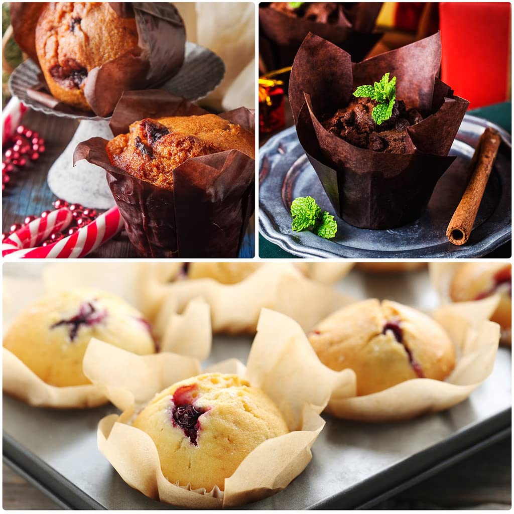 Supvox Cupcake Liners for Baking Weddings and Birthdays featuring 100pcs 5cm Tulip Design | Food Grade Greaseproof Paper in Golden Printed Brown