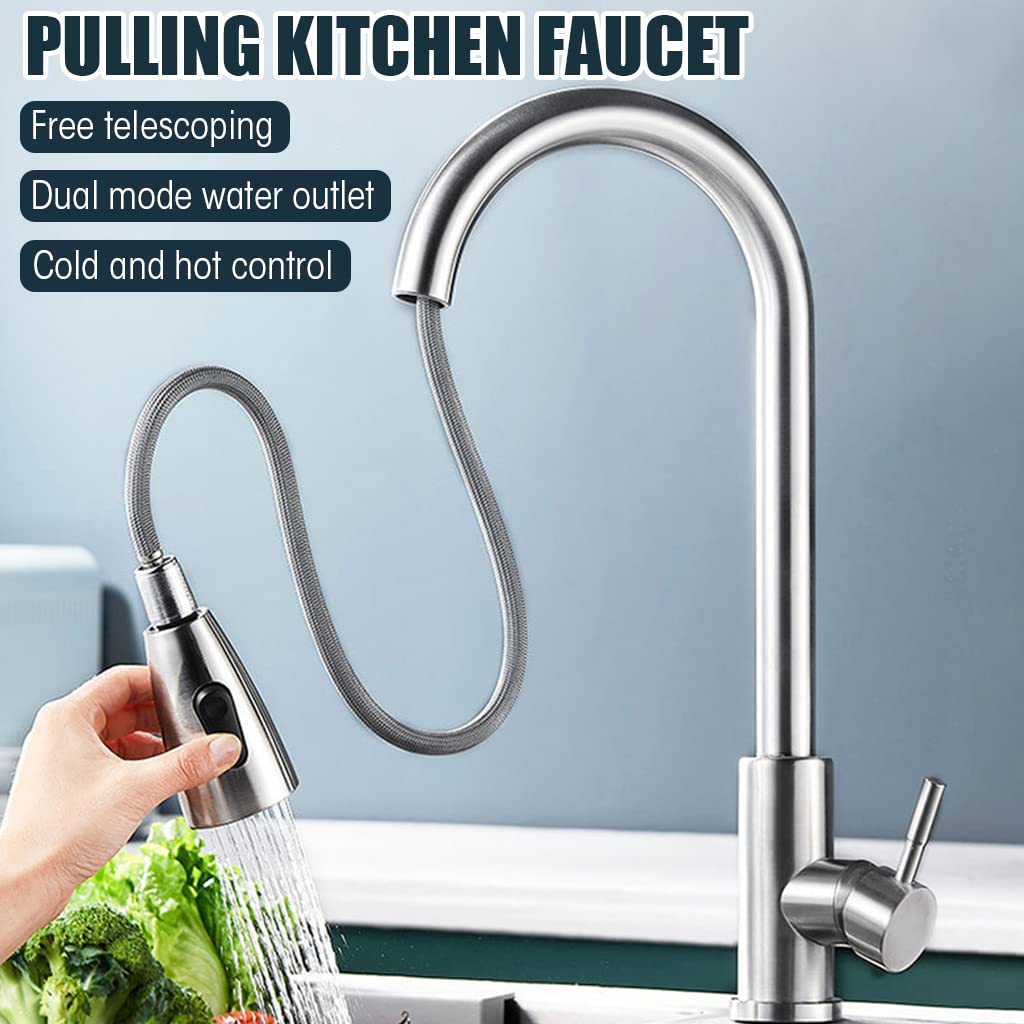 HASTHIP® Kitchen Faucet with Pull Down Sprayer Brushed Nickel, 304 Stainless Steel Kitchen Sink Faucet, High Arc Single Handle, 360° Rotatable, Two Water Outlet Modes, Matte Finish, Swan Neck Spout