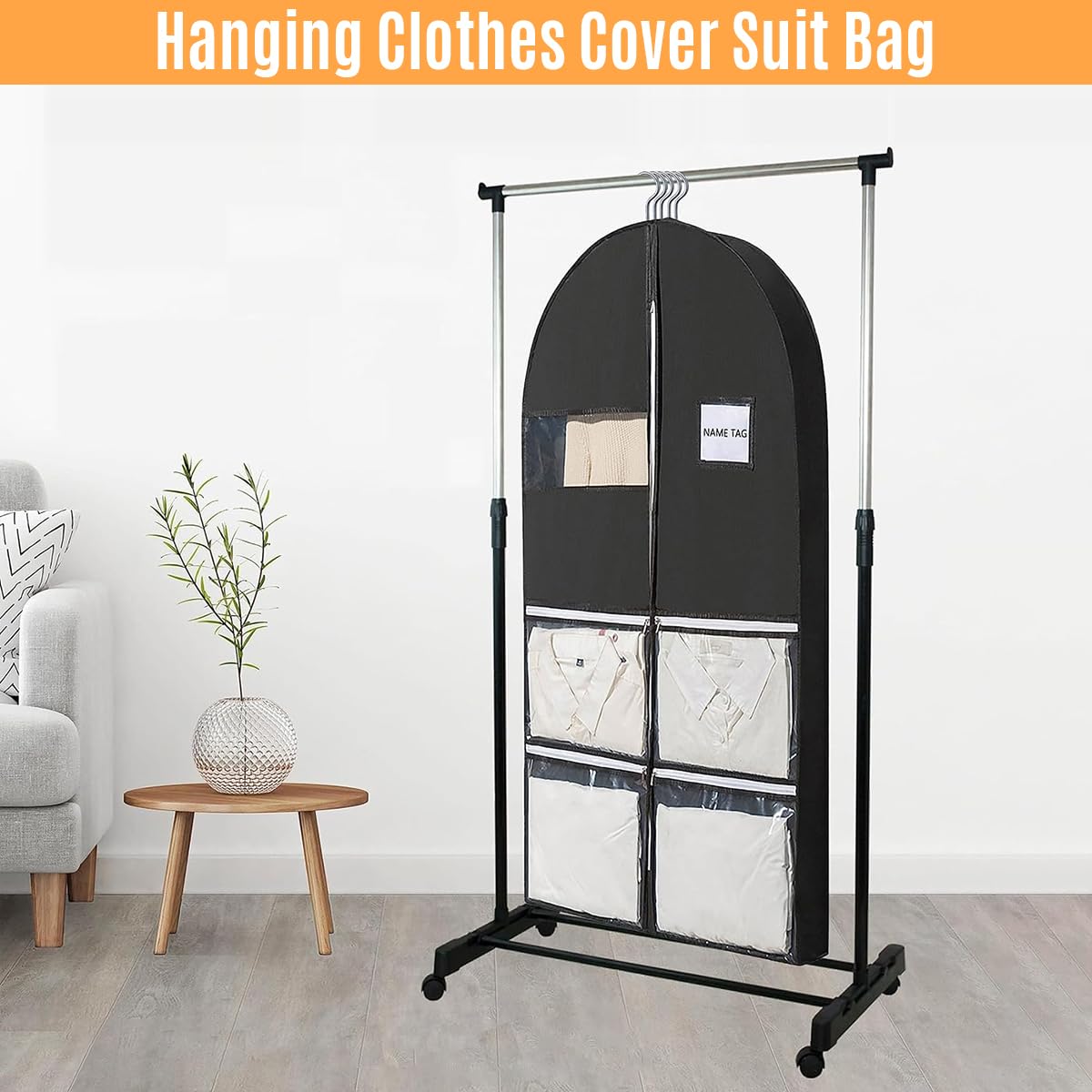 HASTHIP® Garment Bag Dust Cover 49.2'' Long Dust Cover for Clothes, Non-woven Fabric Garment Cover with Clear Window and 4 Pockets Hanging Garment Bag for Clothes, Coats, Jackets, Suits, Shirts