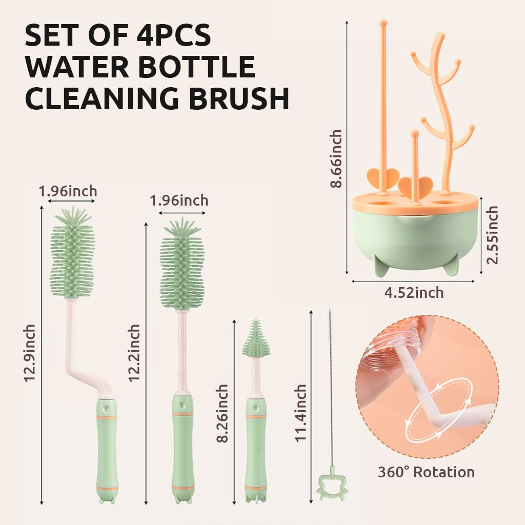 SNOWIE SOFT Water Bottle Cleaning Brush Set of 4pcs with Rotatable Silicone Heads | For Bottles Cups and Straws