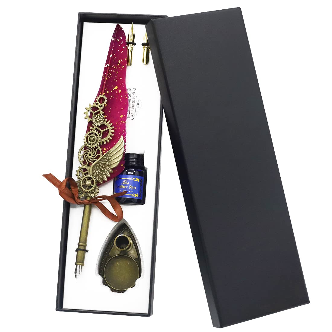 HASTHIP Feather Pen Set for Calligraphy with 2 Replacement Nibs and 20ml Blue Ink | Vintage Quill Gift