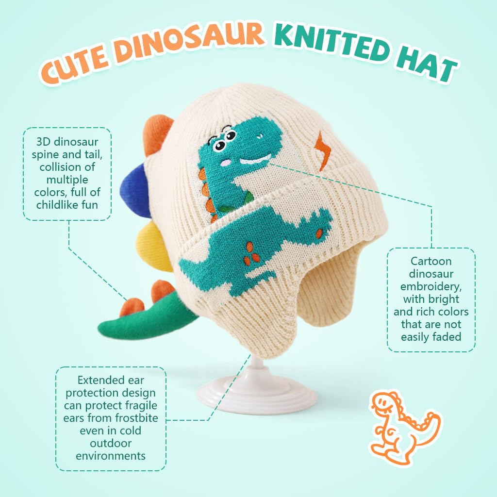 SNOWIE SOFT Cute Dinosaur Knitted Winter Cap for Kids 2–4 with Ear Guards | Beige Warm Beanie