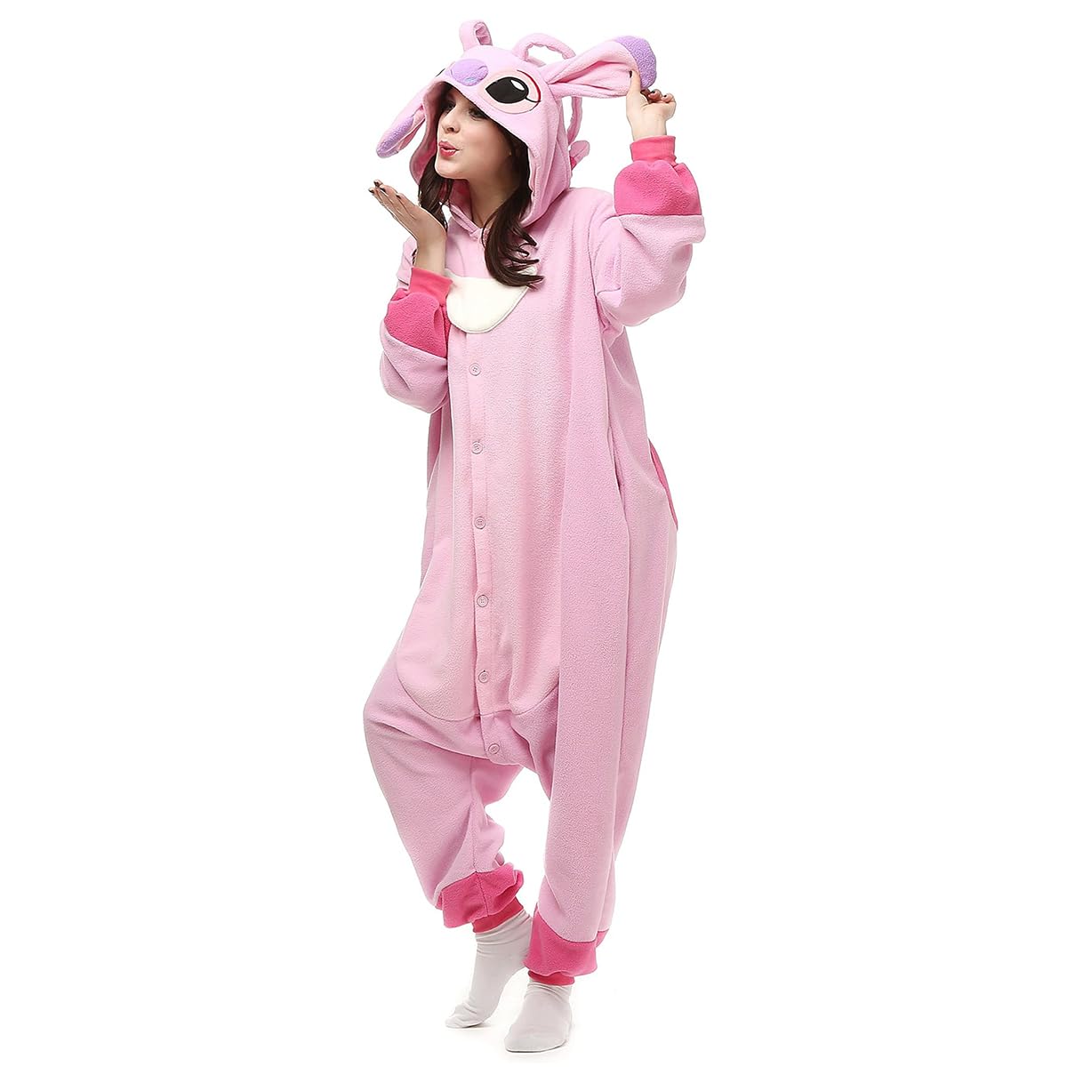 HASTHIP® Sleeping Pajamas for Teens & Adults Cute Stitch Flannel Sleeping Pajamas Stitch Cosplay Hoodie Pajamas Sleeping Pajamas Soft Plush Sleeping Pajamas for Sleepovers Pajamas Party, M, Pink