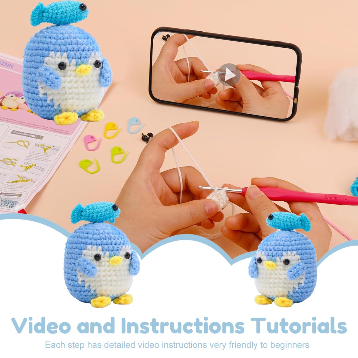 PATPAT Crochet Kit for Beginners with Needles and Yarns featuring Stuffed Penguin DIY Gift Set
