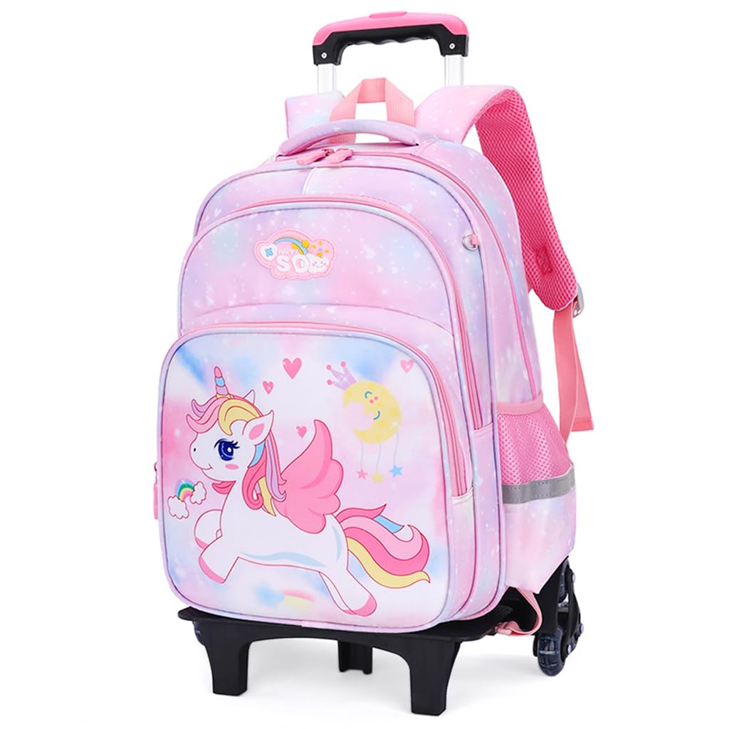 FANCYKU School Bags for Girls Kids Unicorn Bags for Girls School Bags on Wheel Detachable Wheel Stand Gift School Bag