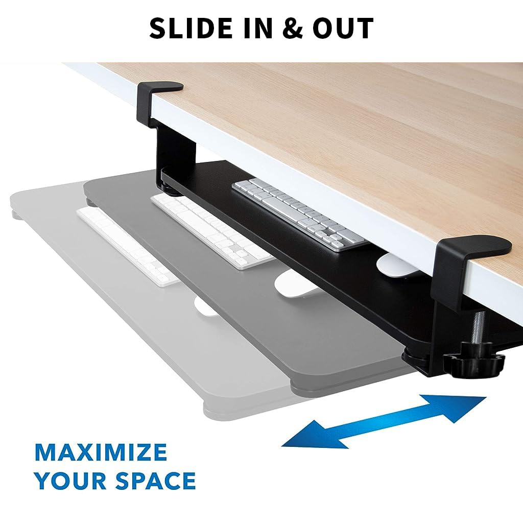 Verilux® Keyboard Tray Under Desk Pull Out Keyboard Rack, Retractable Clip Mount Installation Drawer Style Keyboard Rack Under Sliding Keyboard Rack for PC Desk, Office Desk, Dorm, 25.5'' x 9.8''